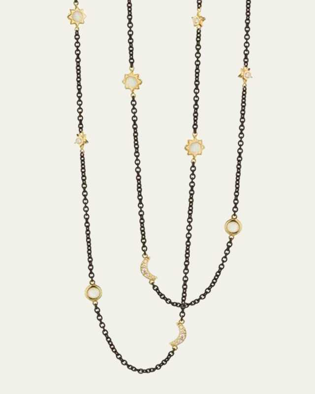 Sun, Moon and Stars Diamond and Moonstone Steel Chain Necklace, 47"L